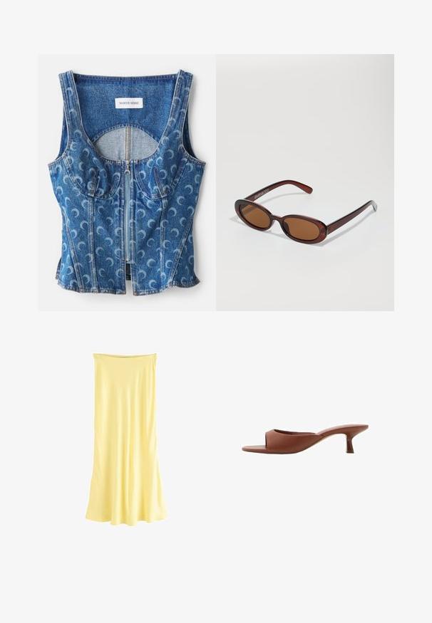 Denimový crop top s předním zipem, zaoblenými švy a opakujícím se vzorem srpku měsíce v světle modré barvě na tmavším modrém pozadí.; Žluté bezramínkové šaty po kolena vyrobené z hladkého, lehkého materiálu s volným střihem a rovnými výstřihem.; Hnědé sandály na podpatku s otevřenou špičkou a hladkým, matným povrchem, které mají zakřivený design a průhledný, zúžený podpatek.; Kulaté sluneční brýle hnědé barvy s lesklým burgundským rámem. Úzké nožičky s jemným logem. Rovné čočky.; Hnědá kožená kabelka s dvojitými popruhy, zaobleným tvarem, zlatými kovovými doplňky a centrálním detailem s přezkou. Hladký povrch s prošívanými akcenty.