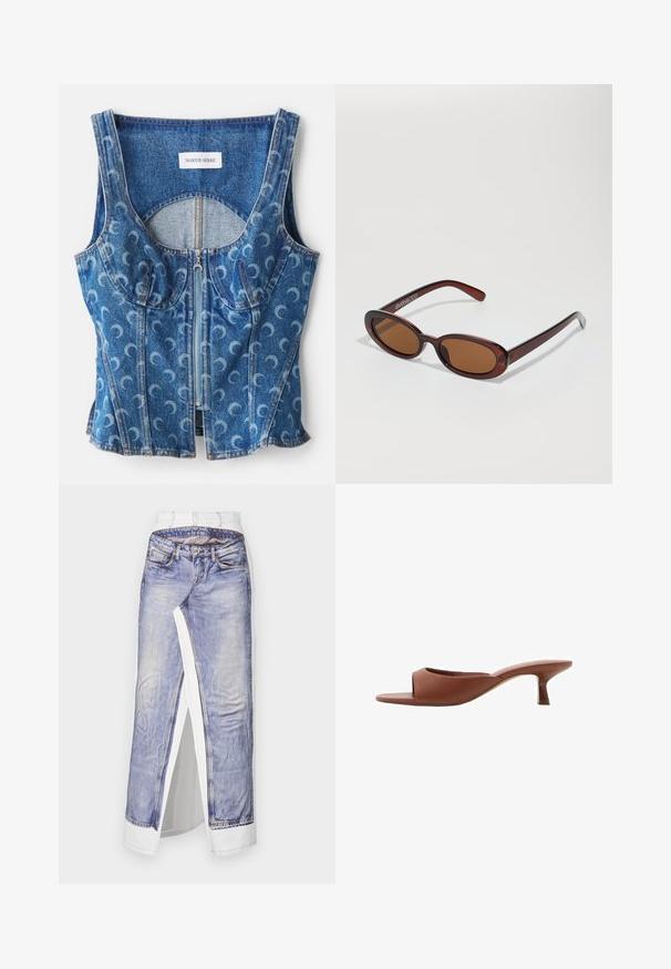 Denim crop top met een rits aan de voorkant, gebogen naaddetails en een herhaald kruisvormig patroon in lichtblauw op een donkerblauwe basis.; Denimrok met een fotoprint van spijkerbroeken op witte stof. Beschikt over een standaard tailleband, een zijslit en gedetailleerde stiksels op de zakken.; Bruine open teen hakschoenen met een gladde, matte afwerking, met een gebogen ontwerp en een transparante, taps toelopende hak.; Ronde, bruin getinte zonnebril met een glanzend bordeauxrood frame. Slanke pootjes met subtiele merkdetails. Vlakke lensontwerp.