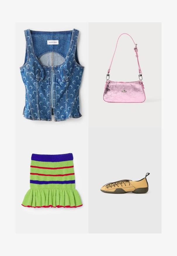 Denimový crop top s předním zipem, zaoblenými švy a opakujícím se vzorem srpku měsíce v světle modré barvě na tmavším modrém pozadí.; Pletená zelená sukně s živými červenými a modrými pruhy, se zdobeným lemem a texturovaným designem. Akcentováno červeným lemem na spodní části.; Žlutá semišová šněrovací bota s tmavě zelenou gumovou podrážkou a patním poutkem, zobrazená z boku na světle šedém pozadí.; Růžová metalická kabelka s texturou mačkané kůže, nastavitelným popruhem a stříbrným kováním. Na přední straně je malá ozdoba.