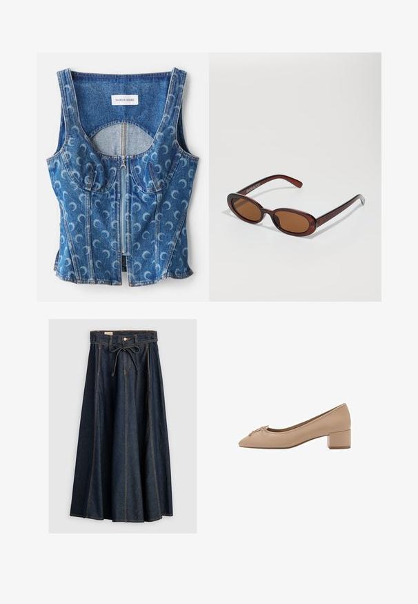 Crop top en denim avec fermeture éclair à l'avant, détails de coutures courbées, et motif répété de croissants de lune en bleu clair sur une base bleu foncé.; Levi's® XL SKIRT - Jupe en jean - square circle; Escarpin en cuir beige avec un bout pointu, un petit nœud sur le devant et un petit talon carré. Texture lisse avec minimal de coutures.; Lunettes de soleil rondes teinte brun avec une monture bordeaux brillante. Branches fines avec un détail de marque subtil. Design de verres plats.; Sac à main en cuir marron avec deux poignées, de forme arrondie, matériel en or et un détail de boucle central. Texture lisse avec des accents cousus.
