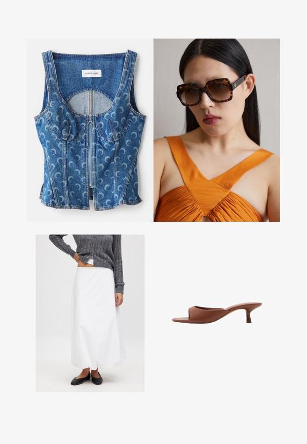 Denimowy crop top z zapięciem na zamek z przodu, szczegółami krzywych szwów oraz powtarzającym się wzorem w kształcie półksiężyca w jasnoniebieskim kolorze na ciemnoniebieskiej bazie.; Biała spódnica do kostek z gładkiego materiału, zestawiona z szarym, ryżowym kardiganem i czarnymi płaskimi butami. Minimalistyczny design, bez widocznych wzorów.; Brązowe klapki na obcasie z odsłoniętymi palcami, o gładkim, matowym wykończeniu, z zakrzywionym kształtem i przezroczystym, zwężającym się obcasem.; Brązowe okulary przeciwsłoneczne w tortoise shell o dużym prostokątnym oprawie i gradientowych soczewkach. Złota detalacja logo po boku.; Desigual - Torebka