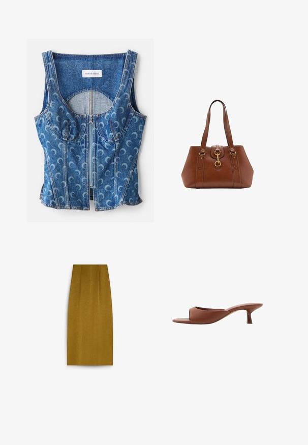 Denim crop top met een rits aan de voorkant, gebogen naaddetails en een herhaald kruisvormig patroon in lichtblauw op een donkerblauwe basis.; Knie-lange mosterdgele kokerrok met een gladde textuur, voorzien van een rechte silhouet en subtiele plooien aan de voorkant.; Bruine open teen hakschoenen met een gladde, matte afwerking, met een gebogen ontwerp en een transparante, taps toelopende hak.; Bruine leren handtas met dubbele banden, een afgeronde vorm, gouden hardware en een centrale sluiting. Gladde textuur met gestikte accenten.