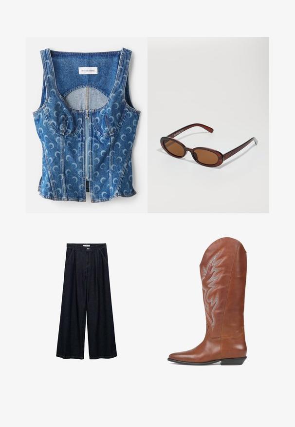 Denim crop top met een rits aan de voorkant, gebogen naaddetails en een herhaald kruisvormig patroon in lichtblauw op een donkerblauwe basis.; Donkerdenim wijde-broek met een hoge taille, voorzien van een sluiting met knoop aan de voorkant, twee zijzakken en stikdetails.; Bruine leren cowboylaars met een puntige neus, halverwege de kuit, decoratieve vlamstiksels in zilver en oranje, en een lage, schuine hak.; Ronde, bruin getinte zonnebril met een glanzend bordeauxrood frame. Slanke pootjes met subtiele merkdetails. Vlakke lensontwerp.