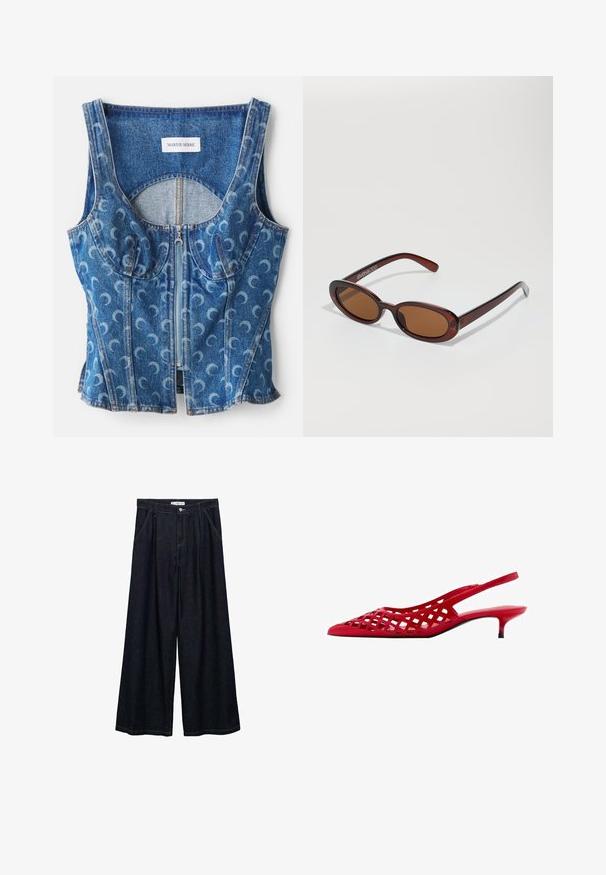 Denim crop top, jossa on vetoketjussa etuosa, kaarevat saumarakenteet ja vaaleansinisellä toistuva puolikuukuvio tummansinisellä pohjalla.; Tummat farkku leveälahkeiset housut korkealla vyötäröllä, joissa on etunapit, kaksi sivutaskua ja ompeluyksityiskohtia.; Punakka slinga-takki kenkä, jossa on reikäkudottu päällinen, terävä kärki ja kiiltävä pinta. Musta pohja, jossa pieni korko.; Pyöreät, ruskehtavat aurinkolasit, joissa on kiiltävä burgundinpunainen runko. Kapeat sivut, joissa on hienovarainen brändäys. Litteät linssit.; Ruskea nahkainen käsilaukku, jossa on kaksi hihnaa, pyöreä muoto, kultaiset yksityiskohdat ja keskeinen solkilukitus. Sujuva pinta, jossa on ommeltuja koristeita.