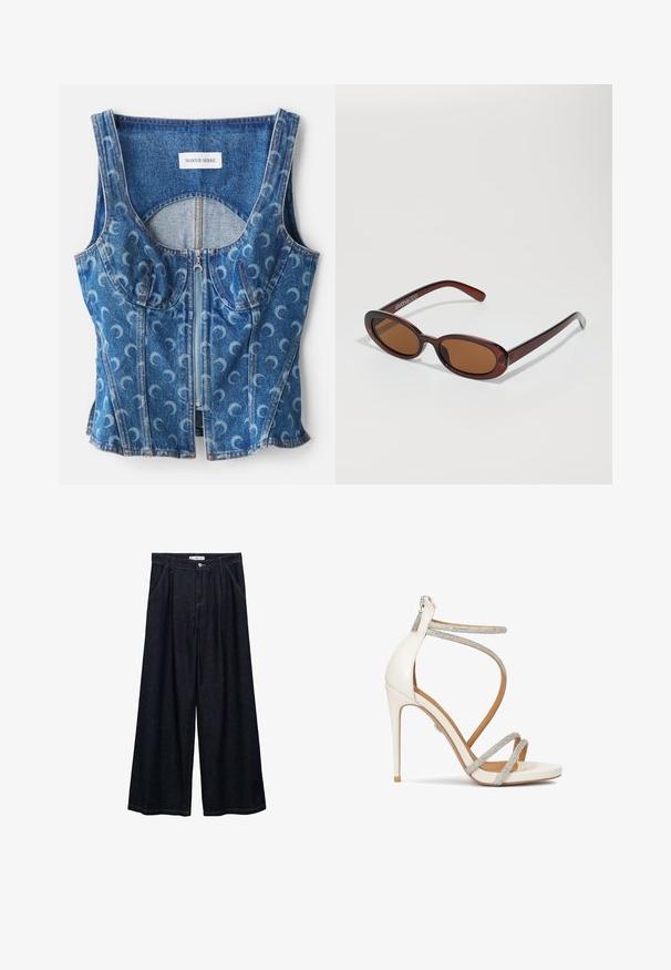 Denim Cropped-Top mit Reißverschluss vorne, abgerundeten Nahtdetails und einem wiederholten Halbmond-Muster in Hellblau auf einem dunkleren blauen Hintergrund.; Dunkelblaue, weite High-Waist-Hosen aus Denim mit einem Knopfverschluss vorne, zwei Seitentaschen und Nähdetails.; Weiße High-Heel-Sandale mit funkelnden silbernen Riemen, offener Zehenbereich und einem Reißverschluss auf der Rückseite. Glatte Textur, elegantes Design und spitze Ferse.; Runde, braun getönte Sonnenbrillen mit einem glänzenden burgunderfarbenen Rahmen. Schlanke Bügel mit dezentem Branding. Flaches Linsendesign.; Braune Lederhandtasche mit strukturierter Form, goldfarbenen Beschlägen, doppelten Schulterriemen und einem dekorativen Schnallendetail in der Mitte.