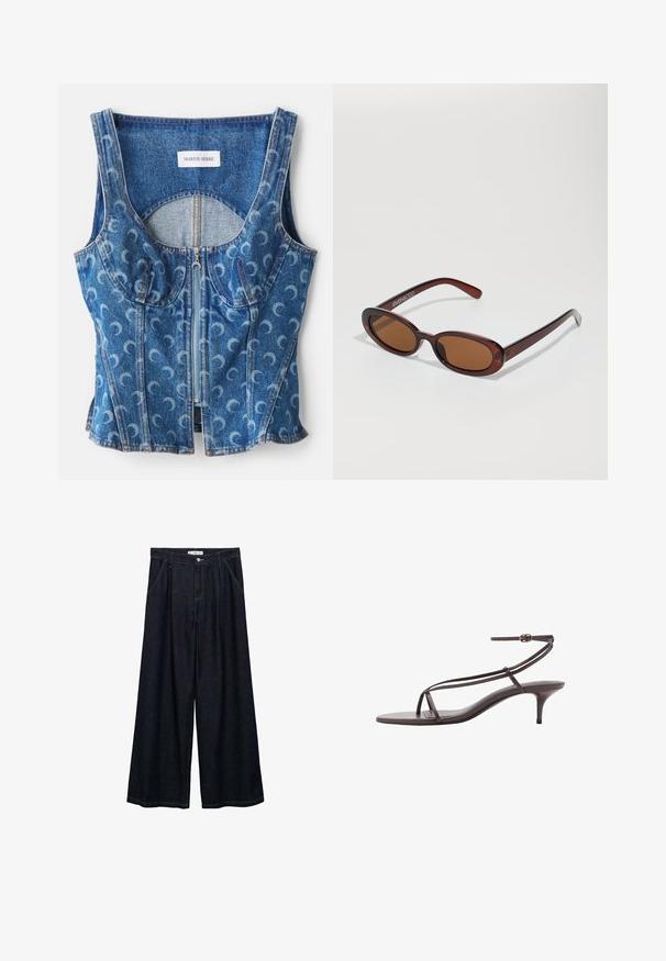 Denim crop top featuring a zip front, curved seam detailing, and a repeated crescent moon pattern in light blue on a darker blue base.; Dark denim wide-leg trousers with a high waist, featuring a front button closure, two side pockets, and stitching details.; Brown leather heeled sandals with thin straps, a minimalist design, open toe, and a slender stiletto heel. Includes an adjustable ankle strap.; Round, brown-tinted sunglasses with a glossy burgundy frame. Slim arms with subtle branding detail. Flat lens design.; Brown leather handbag with dual straps, a rounded shape, gold hardware, and a central buckle detail. Smooth texture with stitched accents.
