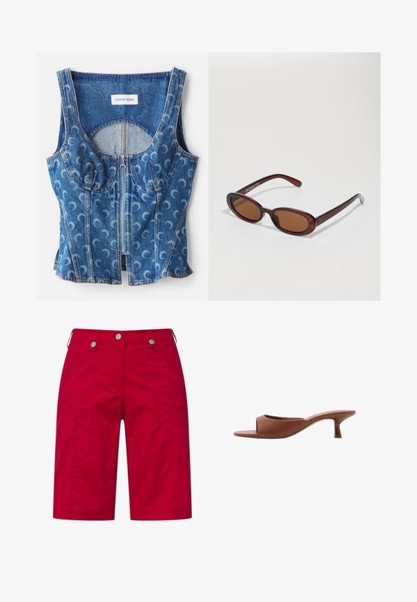 En denim crop top med lynlås foran, buede sømdetaljer og et gentaget halvmåne mønster i lyseblå på en mørkere blå baggrund.; Røde cargo shorts lavet af bomuld med to sidelommer, dekorativ syning og sølvfarvede knaplukninger ved taljen.; Brune åbne tå hæle mules med en glat, mat finish, der har et buet design og en gennemsigtig, afsmalnende hæl.; Runde, bruntonede solbriller med en glansfuld bordeauxramme. Slanke arme med diskret brandingdetalje. Flad linsedesign.; Bordeaux blødt stof håndtaske med en sammenpresset design og en lang rem, båret som crossbody. Modellen bærer en hvid cropped top og sorte jeans.; Guldfarvet ring med en glat, afrundet skæfte, der har fem stjernedesign, hver sat med farvede ædelsten i pink, grøn og blå.