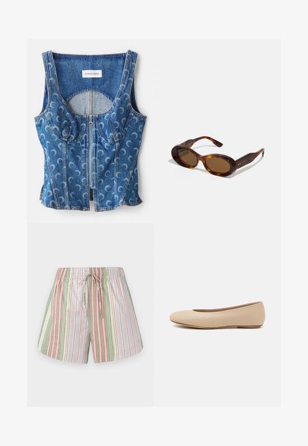 En denim crop top med lynlås foran, buede sømdetaljer og et gentaget halvmåne mønster i lyseblå på en mørkere blå baggrund.; Stribede bomuldsbukser med snoretræk i taljen. Har grønne, pink, lilla og cremefarvede lodrette striber. Blød tekstur, afslappet pasform.; Beige læder balletflade med afrundet tå, minimal sømdetaljering, lav hæl og subtilt logo på bagsiden. Glat, mat tekstur.; Skildpaddeskals-solbriller med ovale linser, brun nuance, og gyldne detaljer på stængerne. Kraftige rammer med en blank overflade og glat tekstur.