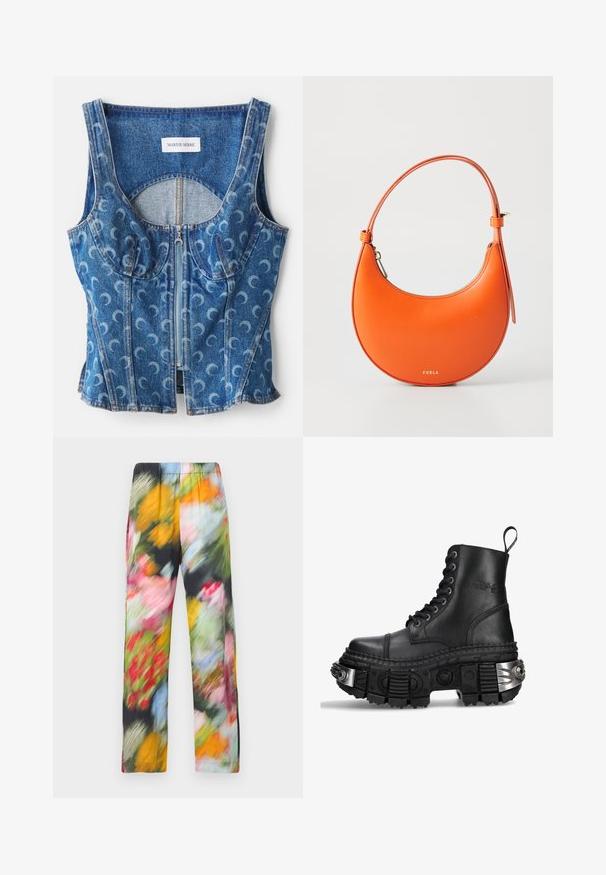 Denim crop top met een rits aan de voorkant, gebogen naaddetails en een herhaald kruisvormig patroon in lichtblauw op een donkerblauwe basis.; Lichtgewicht, met bloemenpatroon, met een elastische tailleband, in een mix van levendige kleuren zoals roze, geel, groen en blauw.; Zwarte leren combatboot met hoge schacht, ronde neus, dikke gestructureerde zool, zilveren hardware-accenten en een kenmerkend profielpatroon.; Oranje leren handtas met een halve maanvorm, slanke schouderband en gouden hardware. Beschikt over een rits sluiting en een gegraveerde merknaam op de voorkant.