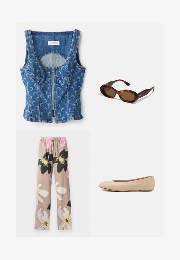 En denim crop top med lynlås foran, buede sømdetaljer og et gentaget halvmåne mønster i lyseblå på en mørkere blå baggrund.; Blomsterprint bukser i beige med store sorte og hvide blomstermønstre, der har en elastisk talje med en lyserød snor.; Beige læder balletflade med afrundet tå, minimal sømdetaljering, lav hæl og subtilt logo på bagsiden. Glat, mat tekstur.; Skildpaddeskals-solbriller med ovale linser, brun nuance, og gyldne detaljer på stængerne. Kraftige rammer med en blank overflade og glat tekstur.