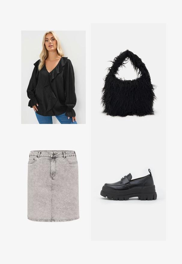 Blouse noir texturé avec un décolleté en V profond, accents froncés et manches volumineuses, associée à un jean bleu. Tissu doux et léger.; Jupe en denim gris clair, de forme crayon, avec poches avant et détails de couture visibles. Le tissu a une finition légèrement texturée.; Chaussure noire en cuir à enfiler avec une semelle en caoutchouc noir épaisse. Elle présente une large sangle à l'avant et un design cousu autour de l'orteil.; Even&Odd Cabas - black; Boucles d'oreilles en argent, forme ronde, surface en métal lisse, sans embellissements visibles, design léger, épaisseur uniforme.