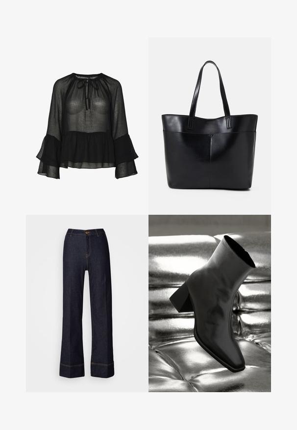 Fekete átlátszó blúz gyűjtött nyakkivágással, megkötős részlettel és harangujjakkal. Réteges fodros szegéllyel és texturált anyaggal rendelkezik.; Sötét farmer széles lábú nadrág magas derékkal, elülső gombzárral és narancs varrású díszítéssel. Simává tengej átfogás.; Fekete bokacsizma fényes anyagból, négyzetes orral és szűkített sarkú, egy csillogó ezüst kárpitozott háttér előtt.; Fekete bőr bevásárlótáska két hosszú fogantyúval, sima felülettel és strukturált formával. Elülső zseb található rajta a plusz tárolás érdekében.