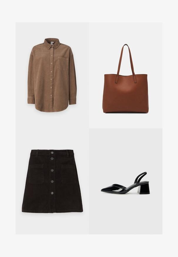 ONLY ONLAIME MOXI LONG - Gombos blúz - fossil; Barna kordbársony A-vonalú szoknya, gombos elejével, két elülső zsebével és mintás függőleges csíkokkal. Szabványos derékpánt övhurkokkal.; Fekete lakk bőr szandálkés magas sarkú cipő, hegyes orral és geometrikus tömbsarkakkal. Karcsú, minimalista dizájn és sima textúra jellemzi.; Barna bőr vászontáska sima textúrával, nyitott tetejű dizájnnal és két vállpánttal. Minimális varrással és látható hardver nélkül készült.
