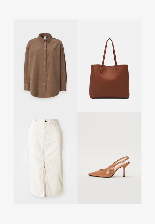 ONLY ONLAIME MOXI LONG - Gombos blúz - fossil; Beige pamut midi szoknya elülső hasítékkal, felső gombos záródással és láthatatlan zsebek nélkül. Lapos derékrész és sima textúra.; Fingerszűk, hegyes orrú, háttámlás sarokcipő sima, fényes barnás anyagból. Íves kivágású dizájn és karcsú stiletto sarkú. Ezüst csattal ellátva.; Barna bőr vászontáska sima textúrával, nyitott tetejű dizájnnal és két vállpánttal. Minimális varrással és látható hardver nélkül készült.