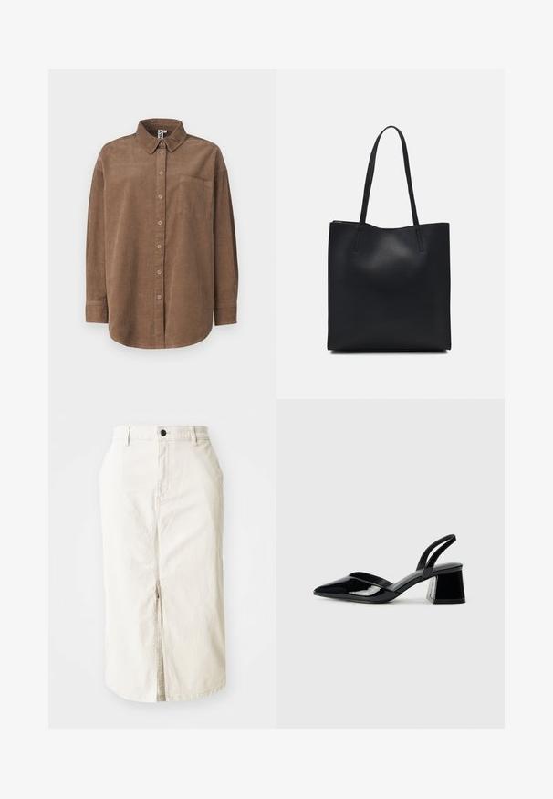 ONLY ONLAIME MOXI LONG - Blusa com botões - fossil; Sáqueta midi de algodão bege com fenda frontal, fecho de botão superior e sem bolsos visíveis. Cintura plana e textura suave.; Sandy em verniz preto com salto slingback, ponta afilada e salto geométrico. Apresenta um design elegante e minimalista com textura suave.; Bolsa tote preta em couro com textura lisa, forma retangular e duas alças longas. Sem hardware ou enfeites visíveis.