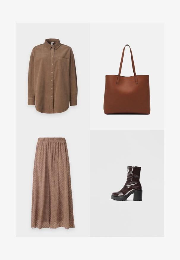 ONLY ONLAIME MOXI LONG - Chemisier - fossil; Jupe marron, longueur genou avec une ceinture élastique, tissu texturé présentant un motif en losange dans une tonalité plus claire, légère et fluide.; Bottines bordeaux brillantes à talon épais noir, avec une texture lisse et un design simple. Aucune fermeture visible ni motifs.; Sac fourre-tout en cuir marron avec une texture lisse, design à ouverture supérieure et deux poignées pour le porter à l'épaule. Présente des coutures minimales et aucun matériel visible.