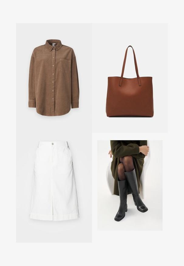 ONLY ONLAIME MOXI LONG - Skjortebluser - fossil; Hvid denim nederdel med lige skæring, frontslids og enkelt metalknaplukning i taljen. Inkluderer sidelommer og skræddersyet kant.; Knæhøje sorte læder støvler med firkantet tå og blokhæl, vist med en model siddende i en olivengrøn frakke. Glat tekstur, minimal detaljer.; Brun læder tote taske med en glat overflade, åben topdesign og to skulderremme. Har minimal syning og ingen synlig hardware.