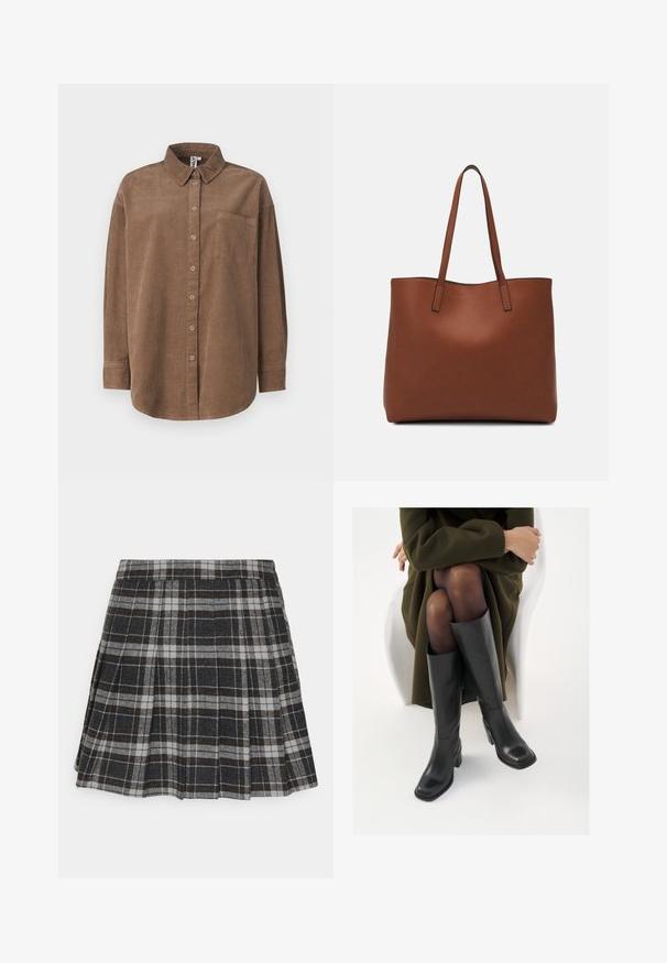 ONLY ONLAIME MOXI LONG - Užsagstoma palaidinė - fossil; ONLY ONLCHELSEA CHECK SKIRT - Klostuotas sijonas - black/white; Juodos odinės pradžios ilgio bateliai su kvadratu formos nosimi ir bloko kulnu, demonstruojami su modeliu, sėdinčiu alyvuogių žalios spalvos švarku. Lygi tekstūra, minimalus puošimas.; Ruda odinė priekabų krepšys su glotnia tekstūra, atviru viršumi ir dviem petnešomis. Su minimalia siuvimo detalėmis ir nematoma aparatūra.