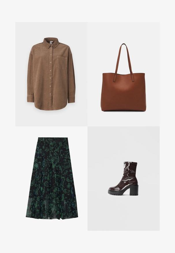 ONLY ONLAIME MOXI LONG - Overhemdblouse - fossil; Zwarte rok met groen bloemenpatroon, met gerafelde randen en plooien. Gemaakt van lichte stof, wat zorgt voor een vloeiende silhoeet.; Glanzende bordeauxrode enkelboot met een chunky zwarte hak, met een gladde textuur en een eenvoudig ontwerp. Geen zichtbare sluitingen of patronen.; Bruine leren tote bag met een gladde textuur, een ontwerp met een open bovenkant en twee schouderbanden. Kenmerkt zich door minimale stiksels en geen zichtbare hardware.