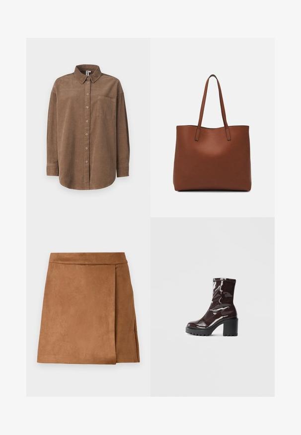 ONLY ONLAIME MOXI LONG - Overhemdblouse - fossil; Bruine suède mini rok met een wikkelontwerp, voorzien van een gladde textuur en een nette afwerking aan de onderkant. Geen zichtbare hardware of accenten.; Glanzende bordeauxrode enkelboot met een chunky zwarte hak, met een gladde textuur en een eenvoudig ontwerp. Geen zichtbare sluitingen of patronen.; Bruine leren tote bag met een gladde textuur, een ontwerp met een open bovenkant en twee schouderbanden. Kenmerkt zich door minimale stiksels en geen zichtbare hardware.