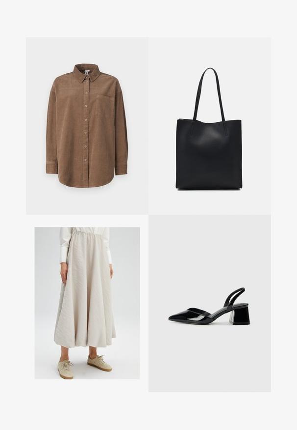 ONLY ONLAIME MOXI LONG - Nööpidega pluus - fossil; Helebeež, põlvekohale ulatuv seelik, mis on valmistatud tekstuursest kangast, elastse vöökohtaga, koos tan värvi tossudega, et luua lõ relaxed välimus.; Mustad musta lakknahk kingad, millel on terav varvas ja geomeetriline plokkkonts. Omab elegantselt minimalistlikku disaini ja sujuvat tekstuuri.; Mustast nahast kott sujuva tekstuuriga, ristkülikukujuline ja kahe pika sangaga. Pole nähtavat riistvara ega kaunistusi.