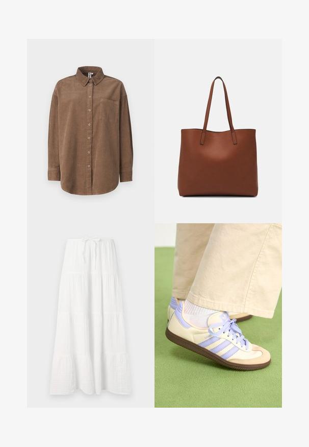ONLY ONLAIME MOXI LONG - Button-down blouse - fossil; White long skirt made of textured fabric, featuring horizontal tiers and an adjustable waist tie for fit. Smooth, flowing design.; Cream and lavender sneakers with three stripes and a textured brown sole, featuring laces and a padded heel. Soft fabric upper.; Brown leather tote bag with a smooth texture, open top design, and two shoulder straps. Features minimal stitching and no visible hardware.