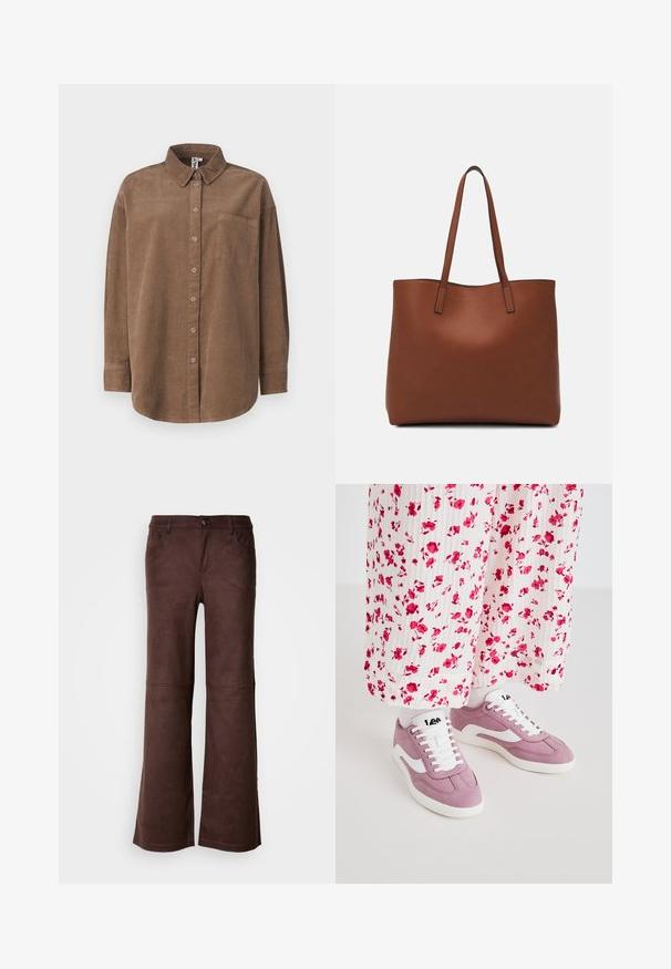 ONLY ONLAIME MOXI LONG - Nööpidega pluus - fossil; Pruunid laiad püksid pehmest, nahkjas kangast. Omavad nelja taskut, nööbiga kinnitamist ja siledat, tekstuurset pinda.; Roosa nubukist tennised valgete detailidega, mis omavad ümmargust ninaosa, nööritavat eesmist osa ja tekstuurset kummitalda, sobitades kokku lillemustrilise kleidiga.; Pruun nahast tote-kott, millel on sile tekstuur, avatud ülaosa disain ja kaks õlarihma. Omab minimaalset õmblust ja nähtavat riistvara ei ole.