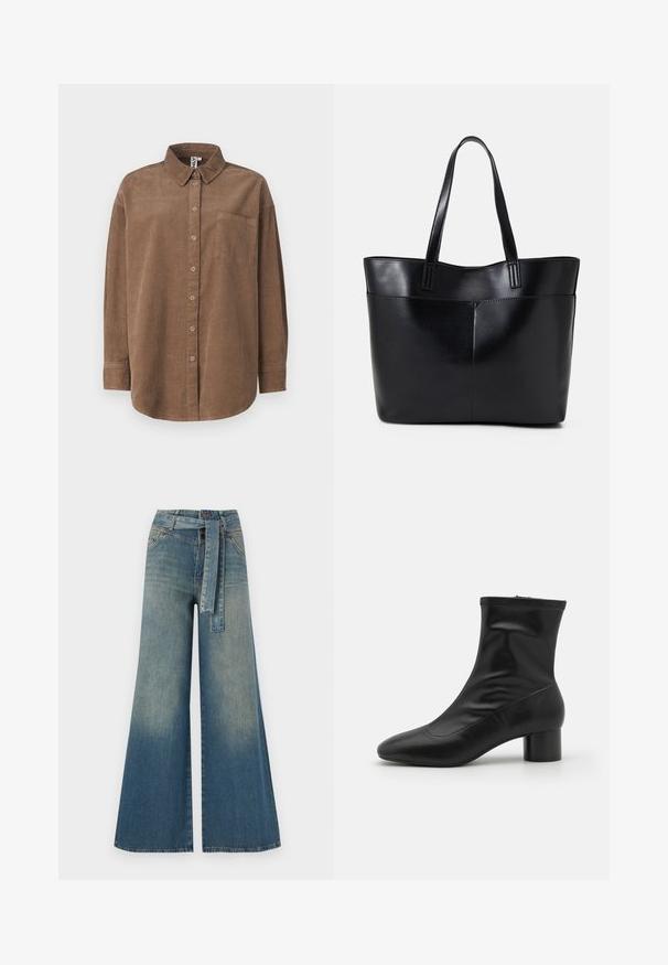 ONLY ONLAIME MOXI LONG - Blusa - fossil; Pantalones de mezclilla de pierna ancha con un degradado de azul claro a oscuro, cintura alta, trabillas para cinturón y un cinturón de tela a juego. Acabado de mezclilla texturizada.; Botín negro hasta el tobillo con una textura de cuero suave, punta afilada y tacón cilíndrico. Presenta una silueta ajustada y cierre de cremallera.; Bolso tote de cuero negro con dos asas largas, textura suave y forma estructurada. Cuenta con un bolsillo frontal para almacenamiento adicional.