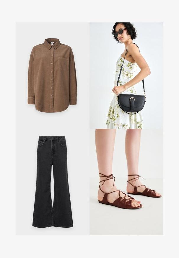 ONLY ONLAIME MOXI LONG - Nööpidega pluus - fossil; Must have denim kitsas vormiga teksad kõrge vöökoha ja viie taskuga, õrnate õmblustega ja esiküljel nööpidega. ; Pruunist nahast sandaalid ristuvate pahkluu rihmadega, avatud toe disain, lamedad tallad ja mitu riba ees toestuseks.; Mustmust mustraha kõverate joontega, eemaldatava rihmaga ja kuldsete detailidega. Kotil on klapp, millel on pandladetail.