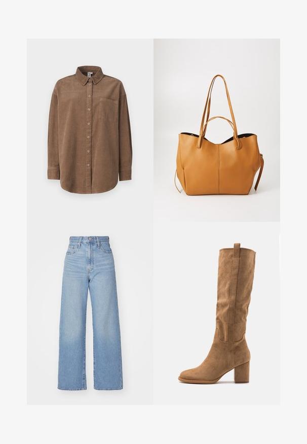 ONLY ONLAIME MOXI LONG - Užsagstoma palaidinė - fossil; Šviesiai mėlynos aukšto liemens plačios kojos džinsai su priekiniais užtrauktukais ir sagom, priekinėmis ir galinėmis kišenėmis, ant baltos fono.; Kelio aukščio šviesiai rudas zomšinės batai su blokuotu kulnu, pasižymintys siuvinėtomis detalėmis ir išlyginta siluetu, sukuriantys šiuolaikišką išvaizdą.; Šviesios odos tote krepšys su tekstūru, plačiu atidarymu ir dviem ilgais rankenomis. Pasižymi paprastu dizainu ir minimalia įranga.