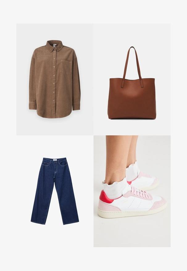 ONLY ONLAIME MOXI brązowy; Szerokie, ciemnoniebieskie dżinsy z guzikowym zapięciem, pięcioma kieszeniami i kontrastującym białym przeszyciem. Materiał ma gładkie, lekko chropowate wykończenie.; Białe sneakersy z różowymi zamszowymi detalami na nosku i pięcie, czerwoną pętelką na pięcie oraz teksturowaną białą skarpetką do kostki z falbanką.; Brązowa skórzana torba tote o gładkiej fakturze, z otwartym wierzchem i dwoma ramiączkami. Charakteryzuje się minimalnym przeszyciem i brakiem widocznych elementów metalowych.