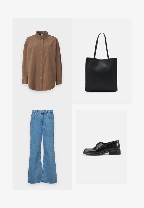 ONLY ONLAIME MOXI LONG - Skjortebluse - fossil; Lyseblå vide jeans laget av denim, med høyt liv, fem lommer og en enkelt knappelukking. Myk tekstur med falmet finish.; Sorte lærdressko med en glatt overflate, rund tå, to snortilpasninger og en solid blokkhelt. Enkle design uten mønstre.; Svart lær tote bag med glatt tekstur, rektangulær form og to lange håndtak. Ingen synlige deler eller dekorasjoner.