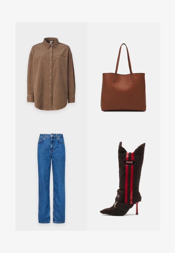 ONLY ONLAIME MOXI LONG - Blusa - fossil; Vaqueros de mezclilla azul con un diseño de cintura alta, silueta de pierna recta, acentos de costura blanca y un cierre clásico de botón en la cintura.; Bota de tacón alto de pelaje marrón con punta afilada, que presenta franjas de charol rojo y un acento de logo en el tobillo. Tejido texturizado.; Bolso tote de cuero marrón con una textura suave, diseño de apertura superior y dos correas para el hombro. Presenta una costura mínima y sin herrajes visibles.