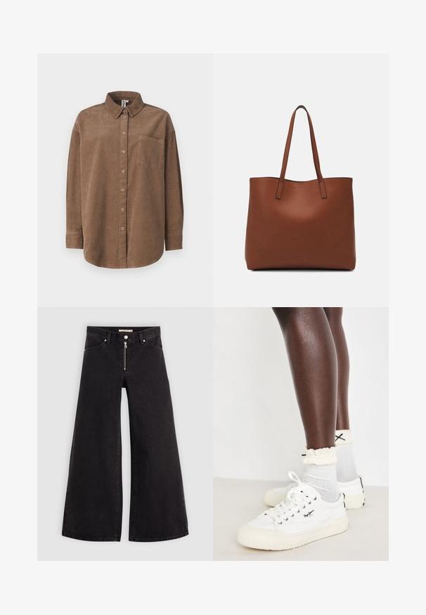 ONLY ONLAIME MOXI LONG - Button-down blouse - fossil; Wide-leg jeans in black denim with a zippered front, five-pocket design, and subtle stitching details. Smooth texture and casual style.; White canvas sneakers with textured soles, paired with light gray ankle socks and frilled cream cuffs; black logo detail on shoes.; Brown leather tote bag with a smooth texture, open top design, and two shoulder straps. Features minimal stitching and no visible hardware.