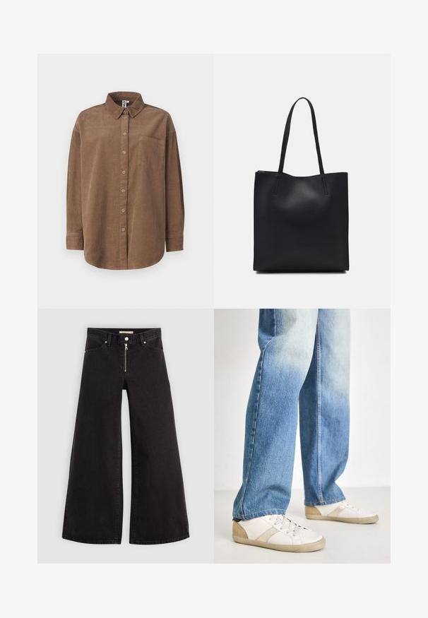 ONLY ONLAIME MOXI LONG - Bluza s gumbima - fossil; Široke traperice od crnog denima s prednjim zatvaračem, dizajnom s pet džepova i suptilnim detaljima šivanja. Glatka tekstura i ležeran stil.; Bijele tenisice s bež naglascima i teksturiranim detaljima, uparenim s svijetloplavim, blago oštećenim trapericama, opuštenog kroja.; Crna kožna torba za nošenje s glatkom teksturom, pravokutnim oblikom i dvije duge ručke. Nema vidljivih metalnih dijelova ili ukrasa.