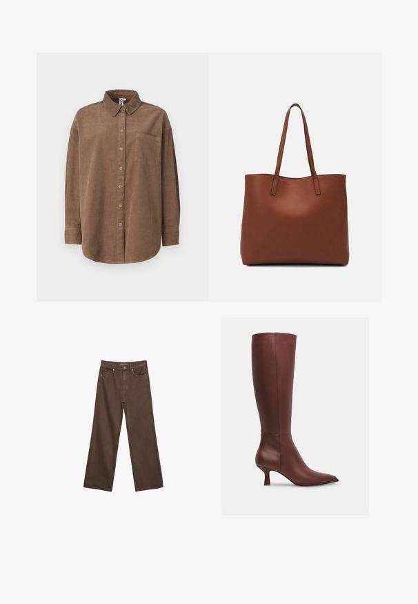 ONLY ONLAIME MOXI LONG - Košilová halenka - fossil; Hnědé džíny s širokými nohavicemi vyrobené z denimu, s vysokým pasem, předními kapsami a klasickým zapínáním na knoflík. Hladká textura s jemným švem.; Hnědé kožené vysoké boty až ke kolenům s špičatou špičkou a zužující se patou. Hladký povrch bez viditelných vzorů nebo kovových detailů.; Hnědá kožená taška přes rameno s hladkou texturou, otevřeným designem a dvěma ramenními popruhy. Obsahuje minimální švy a žádné viditelné kovové prvky.
