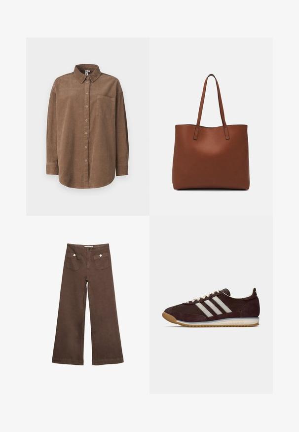 ONLY ONLAIME MOXI LONG - Bluza s gumbima - fossil; Smeđe široke hlače od pamuka, s dva prednja džepa sa srebrnim dugmadima i glatkom teksturom.; Niske tamnocrvene Adidas tenisice s bijelim prugama, kremastim vezicama i gumiranim potplatom, bočni prikaz na jednobojnoj pozadini.; Smeđa kožna torba preko ramena s glatkom teksturom, otvorenim vrhom i dvjema naramenicama. Ima minimalne šavove i nema vidljivog hardvera.