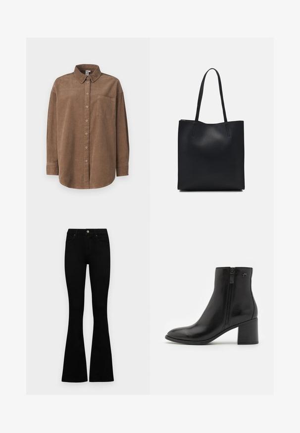 ONLY ONLAIME MOXI LONG - Blusa - fossil; Jeans negros de cintura alta con cierre de botón y cremallera, bolsillos frontales y piernas acampanadas, dispuestos sobre un fondo blanco.; Botas negras hasta el tobillo, hechas de cuero suave, con un cierre lateral. Presentan una punta afilada y un tacón cuadrado texturizado para mayor estabilidad.; Bolso tote de cuero negro con textura lisa, forma rectangular y dos asas largas. Sin herrajes ni adornos visibles.