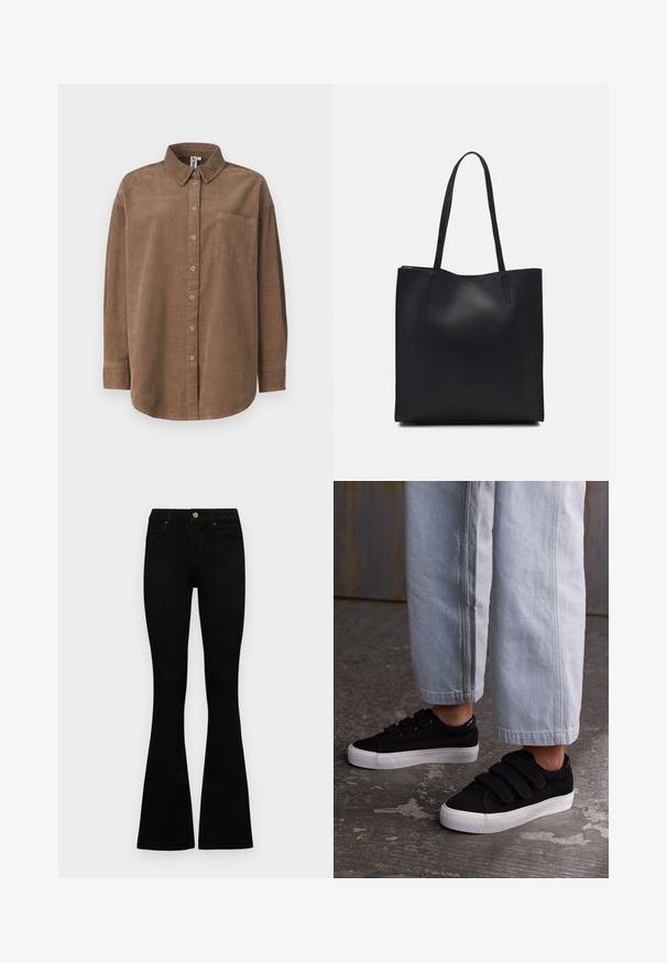 ONLY ONLAIME MOXI LONG - Bluza z gumbi - fossil; Črne visokotopne kavbojke z gumbom in zadrgo, sprednjimi žepi in razširjenimi hlačnicami, poleg bel background.; Črne kordurojske teniske s tremi Velcro trakovi in teksturiranim zgornjim delom. Nizkoprofilna bela gumijasta podplat. Ustrezajo svetlomodrim prerezanim hlačam.; Črna usnjena torba s svilnato teksturo, pravokotne oblike in dvema dolgima ročajema. Brez vidnih metalnih delov ali okrasnih elementov.