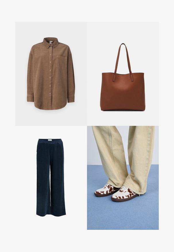 ONLY ONLAIME MOXI LONG - Chemisier - fossil; Pantalons large en velours côtelé texturé de couleur bleu marine, avec une taille élastique et des poches latérales.; Des baskets blanches et marron avec un motif, en mesh et cuir, dotées de semelles en caoutchouc marron. Associées à un pantalon large beige clair.; Sac fourre-tout en cuir marron avec une texture lisse, design à ouverture supérieure et deux poignées pour le porter à l'épaule. Présente des coutures minimales et aucun matériel visible.