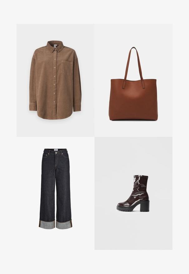 ONLY ONLAIME MOXI LONG - Pogājama blūze - fossil; Tumšas džinses ar platām kājām, augstām jostasvītnēm, sarullētām maliņām ar kontrastējošu zilu audumu un oranžām šuvēm.; Spīdīgas bordo potīšu botītes ar masīlu melnu papēdi, kurām ir gluda tekstūra un vienkāršs dizains. Nav redzamu aizdari vai rakstu.; Brūna ādas iepirkumu soma ar gludu tekstūru, atvērta augšdaļa un divas plecu siksnas. Izceļas ar minimālām šuvēm un redzamu aparatūru nav.