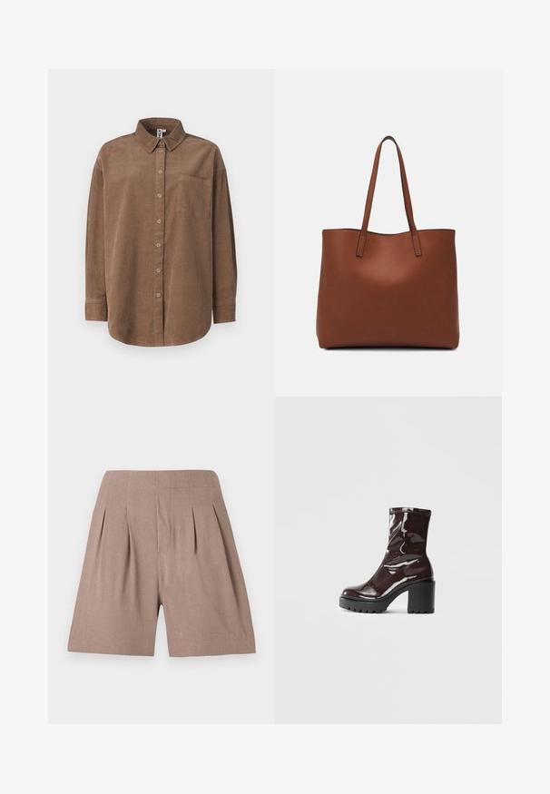ONLY ONLAIME MOXI LONG - Hemdbluse - fossil; Braune, plissierte Shorts aus einem leichten Material, das eine glatte Textur und einen maßgeschneiderten Schnitt aufweist, mit einem klaren, minimalistischen Design.; Glatte bordeauxrote Ankle Boots mit einem klobigen schwarzen Absatz, die eine glatte Oberfläche und ein einfaches Design aufweisen. Keine sichtbaren Verschlüsse oder Muster.; Braune Leder-Tote mit glatter Textur, offenem Oberteil und zwei Schulterriemen. Verfügt über minimale Nähte und keine sichtbaren Beschläge.