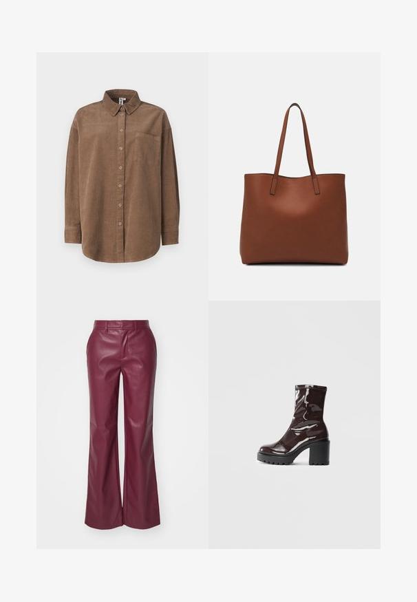 ONLY ONLAIME MOXI LONG - Chemisier - fossil; Pantalons évasés en cuir bordeaux avec une texture lisse, passants de ceinture et poches avant ; coupe ajustée avec un design taille haute.; Bottines bordeaux brillantes à talon épais noir, avec une texture lisse et un design simple. Aucune fermeture visible ni motifs.; Sac fourre-tout en cuir marron avec une texture lisse, design à ouverture supérieure et deux poignées pour le porter à l'épaule. Présente des coutures minimales et aucun matériel visible.