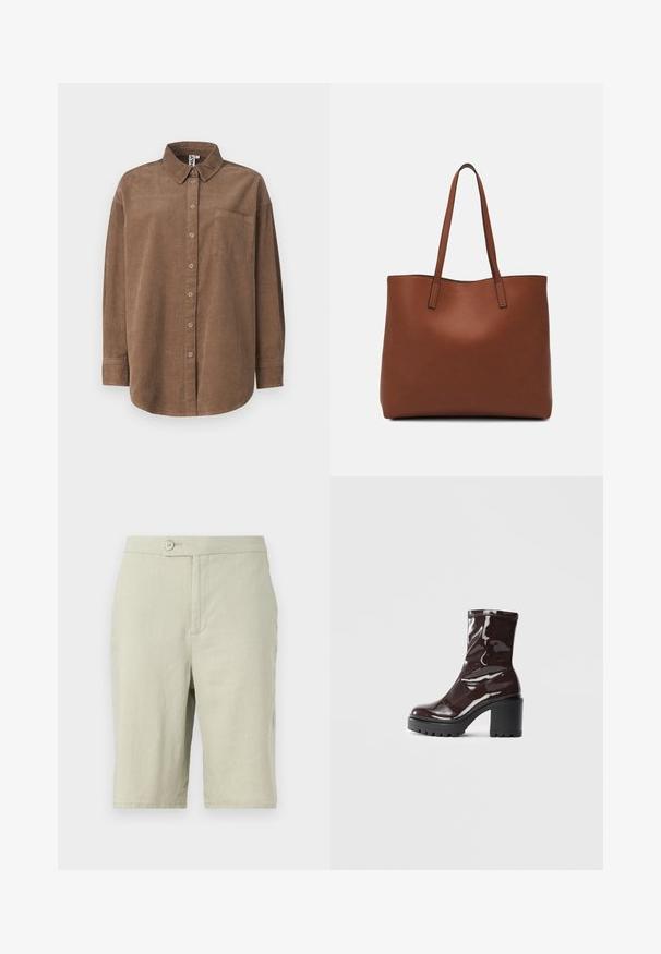 ONLY ONLAIME MOXI LONG - Košilová halenka - fossil; Světle šedé šortky vyrobené z měkké tkaniny. Mají knoflíkové zapínání, boční kapsy a rovný střih nohavic.; Lesklá bordó kotníková bota s masivním černým podpatkem, se hladkým povrchem a jednoduchým designem. Žádné viditelné zapínání ani vzory.; Hnědá kožená taška přes rameno s hladkou texturou, otevřeným designem a dvěma ramenními popruhy. Obsahuje minimální švy a žádné viditelné kovové prvky.