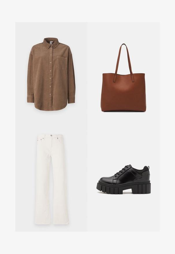 ONLY ONLAIME MOXI LONG - Button-down blouse - fossil; White flared jeans made from denim, featuring a high waist, five pockets, and double-stitched seams, with copper-tone hardware accents.; Black leather platform shoes with a chunky block heel, round toe, and traditional lace-up design. Features smooth texture and minimal detailing.; Brown leather tote bag with a smooth texture, open top design, and two shoulder straps. Features minimal stitching and no visible hardware.