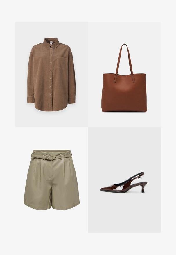ONLY ONLAIME MOXI LONG - Blusa - fossil; Pantalones cortos de imitación de cuero en color beige con cintura ceñida por un cinturón, diseño plisado, bolsillo frontal y textura suave. Presenta herrajes plateados en el cinturón.; Zapato slingback de charol marrón con punta afilada y tacón moderado. Cuenta con una correa con hebilla para un ajuste seguro. Textura suave.; Bolso tote de cuero marrón con una textura suave, diseño de apertura superior y dos correas para el hombro. Presenta una costura mínima y sin herrajes visibles.