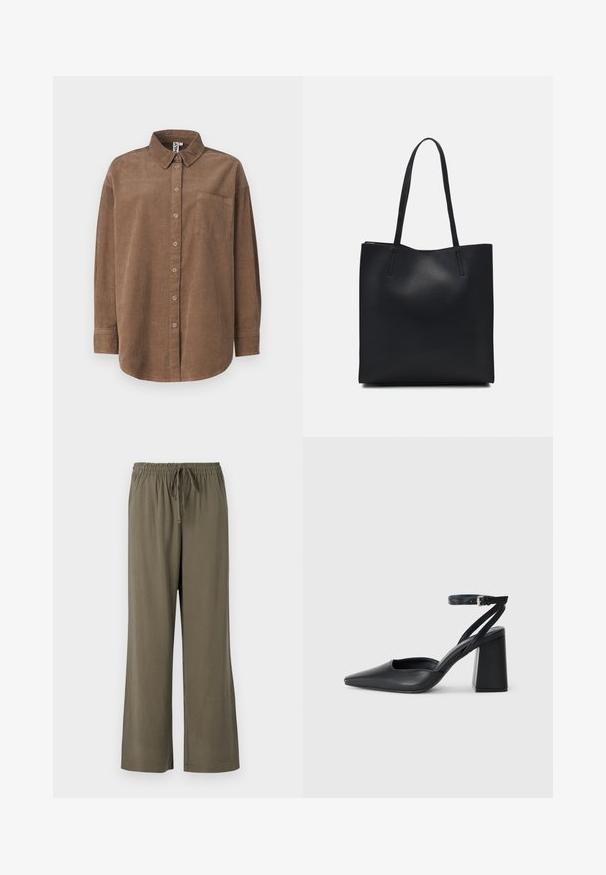 ONLY ONLAIME MOXI LONG - Bluza s gumbima - fossil; Maslinasto zeleni široki hlače s elastičnom trakom i vezicom. Izrađene od mekanog, laganog materijala s glatkom teksturom.; Crne kožne cipele s špicastim vrhom, remenom oko gležnja i debelim potplatom. Ravna tekstura, elegantan dizajn i minimalistička estetika.; Crna kožna torba za nošenje s glatkom teksturom, pravokutnim oblikom i dvije duge ručke. Nema vidljivih metalnih dijelova ili ukrasa.