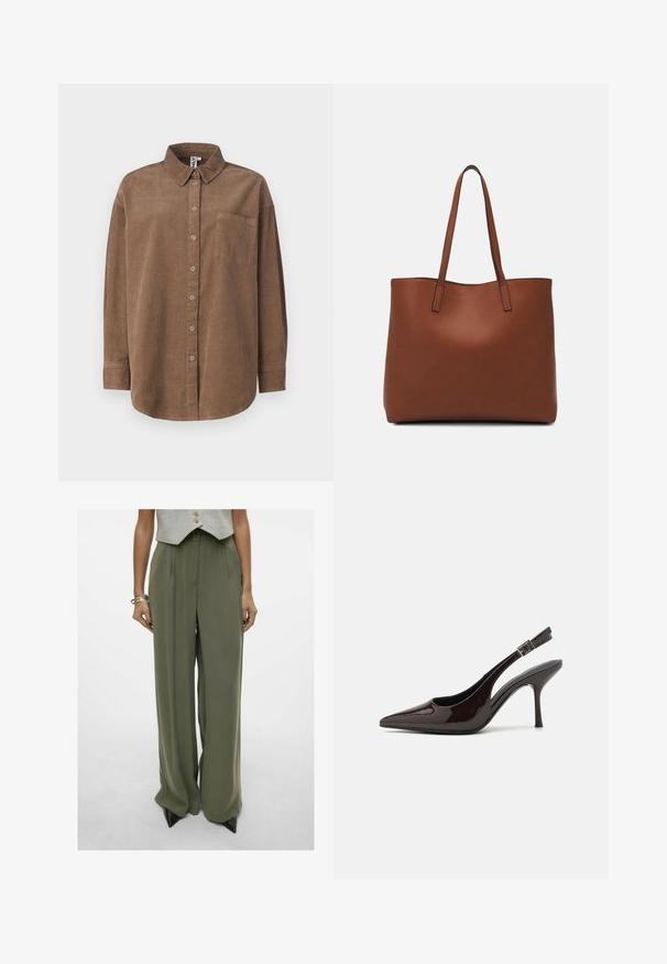 ONLY ONLAIME MOXI LONG - Bluza s gumbima - fossil; Maslinasto zelene široke hlače s glatkom teksturom, sa visokim strukom i plisiranim prednjim dijelom. Uparene s crnim cipelama na visoku petu.; Sandalice na visokom potpetici od sjajnog tamnosmeđeg lakiranog kože, s oštrim vrhom, otvorenim stranama i podesivom naramenicom.; Smeđa kožna torba preko ramena s glatkom teksturom, otvorenim vrhom i dvjema naramenicama. Ima minimalne šavove i nema vidljivog hardvera.