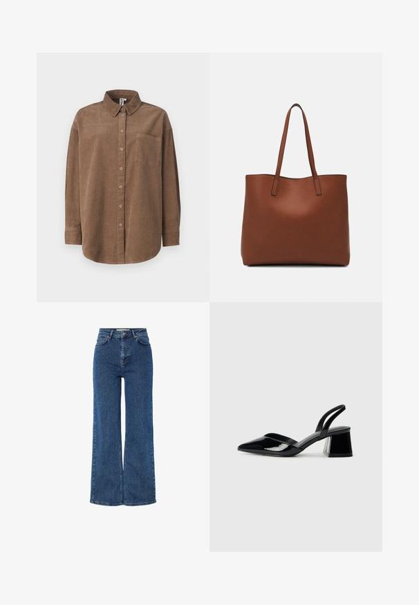 ONLY ONLAIME MOXI LONG - Blusa - fossil; Jeans de mezclilla azul de cintura alta con piernas anchas, que presentan un diseño tradicional de cinco bolsillos, cierre con botón de metal y costuras en contraste.; Zapatos de tacón slingback de charol negro con punta afilada y tacón geométrico en bloque. Presentan un diseño elegante y minimalista, así como una textura suave.; Bolso tote de cuero marrón con una textura suave, diseño de apertura superior y dos correas para el hombro. Presenta una costura mínima y sin herrajes visibles.