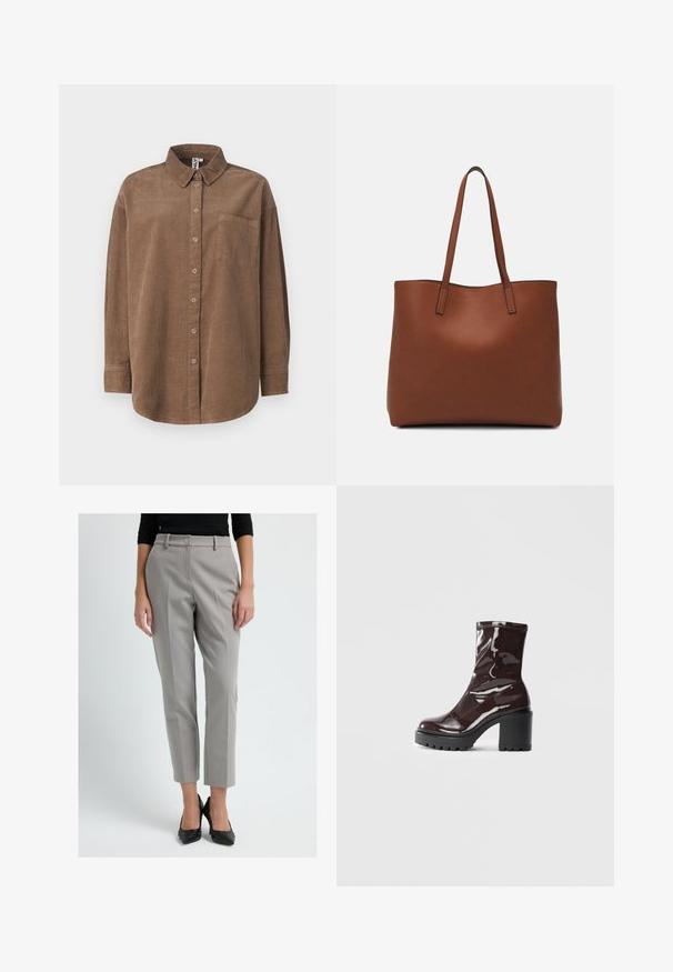 ONLY ONLAIME MOXI LONG - Skjortebluser - fossil; Kvinde iført lysegrå skræddersyede ankel-lange bukser og sorte teksturerede højhælede sko foran en ensfarvet baggrund.; Glatte burgunder ankelstøvler med en chunky sort hæl, der har en glat tekstur og et simpelt design. Ingen synlige lukninger eller mønstre.; Brun læder tote taske med en glat overflade, åben topdesign og to skulderremme. Har minimal syning og ingen synlig hardware.